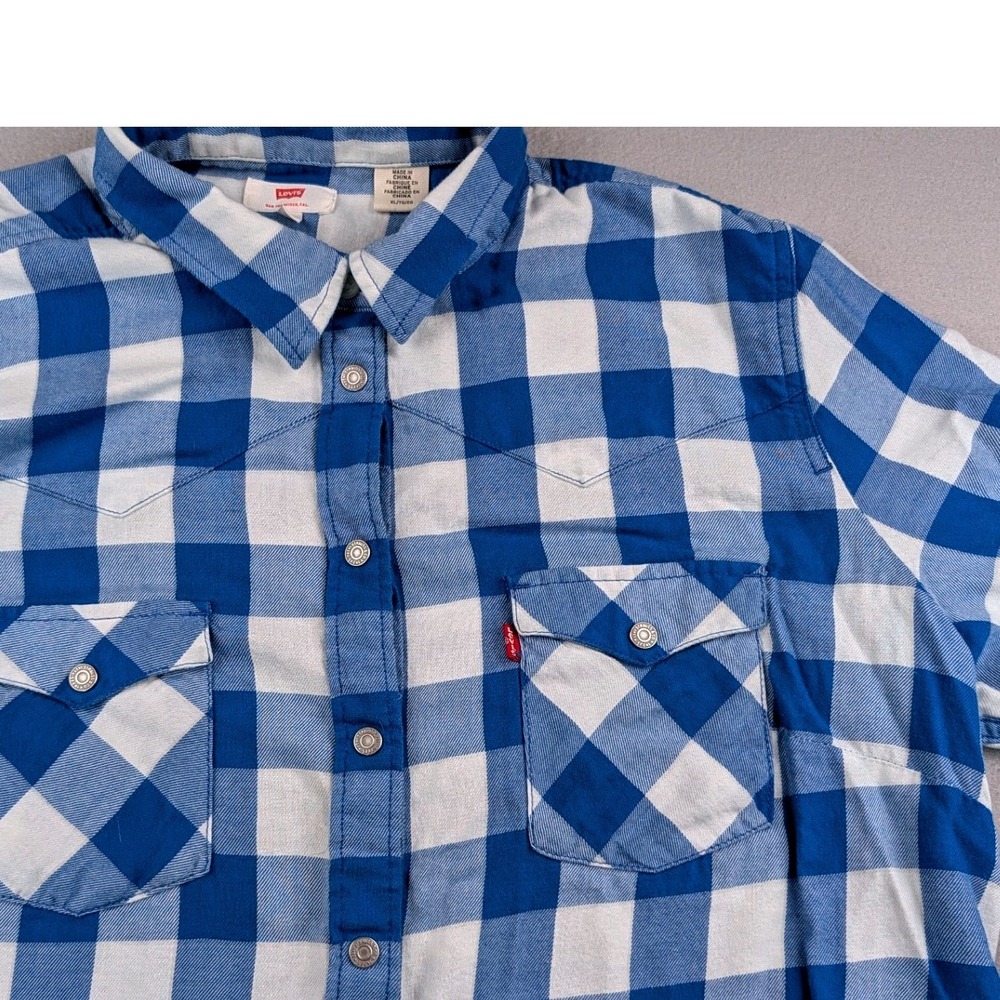 Levis MLB Los Angeles‎ Dodgers Flannel Shirt Womens XL Blue White Buffalo Plaid - Picture 2 of 5